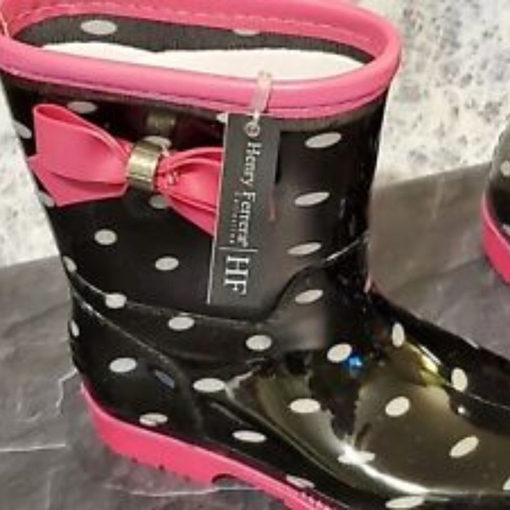 Henry Ferrera K-Poco Girls Black/Pink Polka Dot Rain Boots NEW Size 11 (GML72)